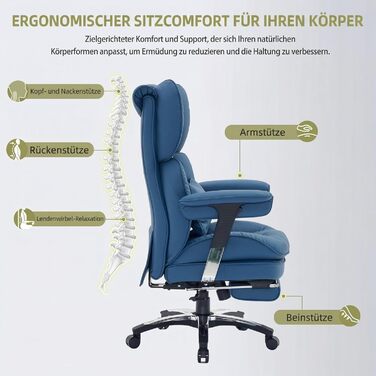 Офісний стілець Efomao X-Stickerei для дому та офісу, шкіряний (PU), з регульованою спинкою, підставкою для ніг та підтримкою попереку, витримує до 200 кг, чорний