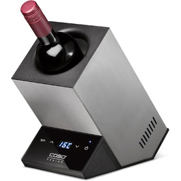 Дизайнерський охолоджувач для вина з однією пляшкою, діапазон температур 5-18C, для пляшок діаметром до 9 см, сенсорне керування, корпус з нержавіючої сталі, маленький
