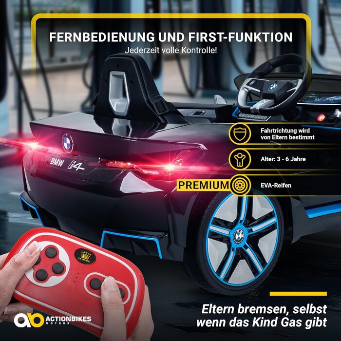 Дитячий електромобіль BMW i4, ліцензія, з пультом 2,4 ГГц, електроавто для дітей від 3 років, іграшкове авто, білий/чорний, Actionbikes Motors