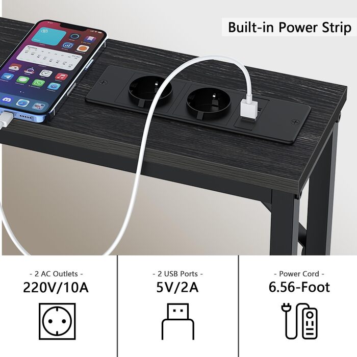 VEDECASA Консоль з 2 висувними ящиками, 2 шт. (240 x 15 x 80 см), зі стільницею, розеткою та USB-портами, чорний – для вітальні, передпокою, офісу