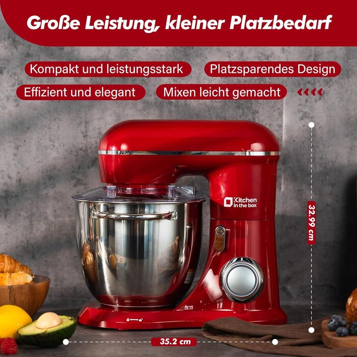 Кухонна машина Kitchen in the box 6L з 2 чашами по 3.5L, 10 швидкостей, з гаками для тіста, вінчиками та вінчиком для збивання (червона)