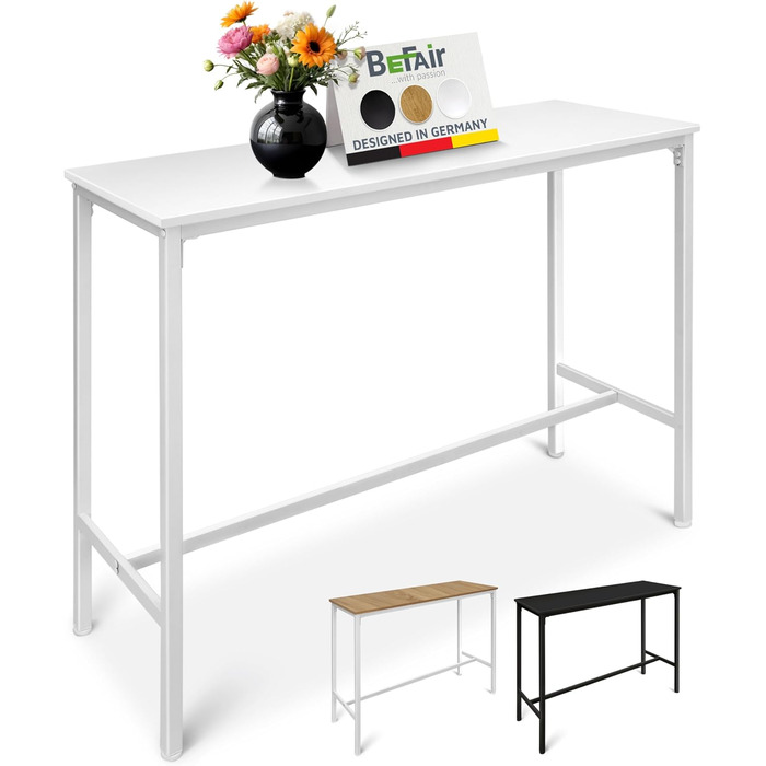 Барний стіл BeFair з дуба та білого кольору, 120x40x100 см, з підніжкою, індустріальний дизайн, металеві ніжки – комфорт та стабільність