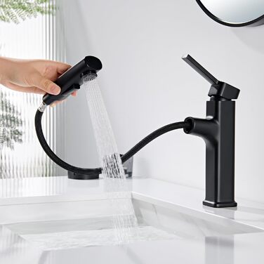 Чорний змішувач для ванної кімнати з висувною лійкою, однорегуляторний, для холодної та гарячої води