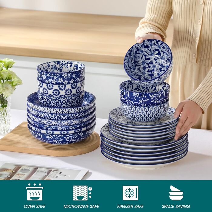 Набір кавових чашок Vancasso Selene, 6 шт., 360 мл, блакитно-білий вінтажний дизайн, для кави, молока, чаю та какао