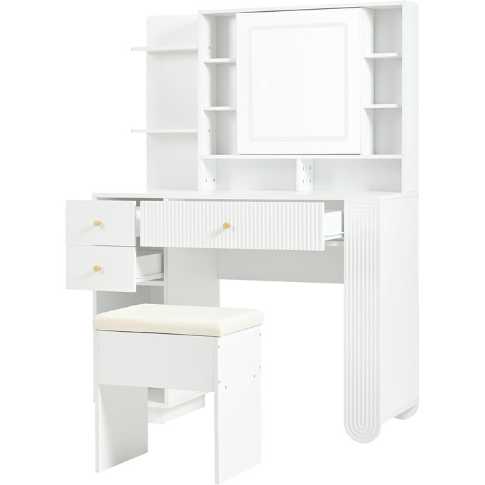 Туалетний столик Merax з дзеркалом та LED-підсвічуванням, з поличкою, 6 шухляд та золотими ручками, білий, 102x100x41.5 см (без табуретки)