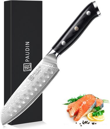 Японський ніж Santoku PAUDIN з дамаської сталі 13 см - професійний кухонний ніж для кухні, надзвичайно гострий, з ергономічною ручкою G10
