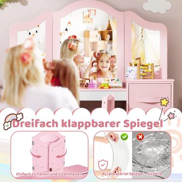 Дитячий туалетний столик MAMIZO 2 в 1 з дзеркалом та пуфом, рожево-білий (108x30x114 см)