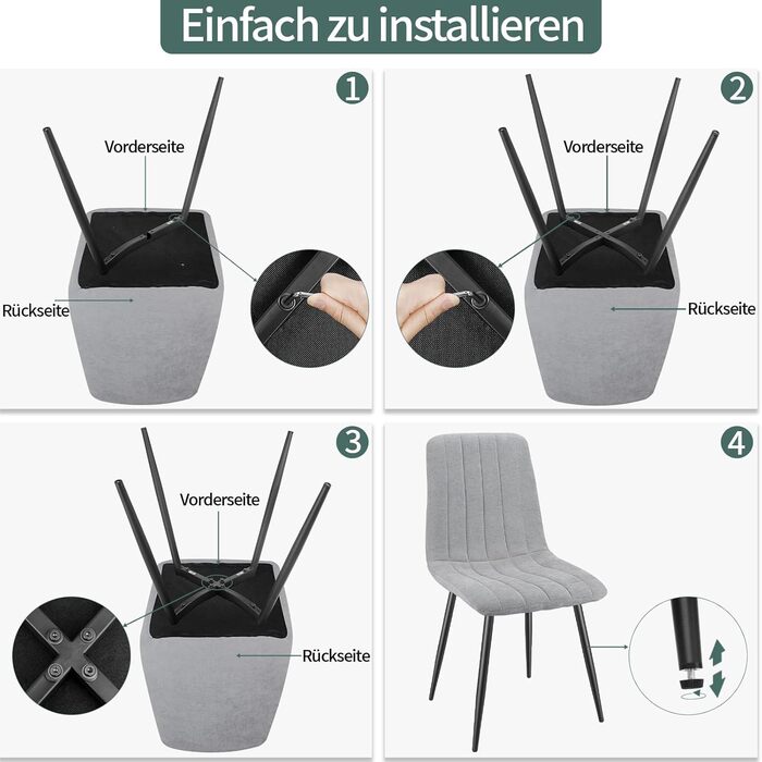 Набір з 4-х оббитих стільців для їдальні з тканини льон та чорними металевими ніжками, смугастий дизайн, для їдальні, вітальні, спальні, кухні, рецепції, сірий