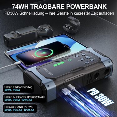 Powerbank з компресором Starthilfe 6500A: акумулятор для автомобіля 12V з повітряним насосом, стартер-бустер (9.0L бензин/8.5L дизель), LED 500 Lumen (чорний), піковий струм 7000A