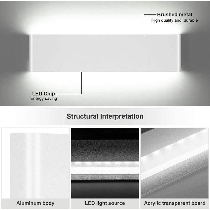 Світлодіодний настінний світильник для дому, настінний світильник потужністю 12 Вт, настінний світильник для підйому і опускання, білий, алюмінієвий, 6000 КБ, настінний світильник (2 шт.), бра, білий