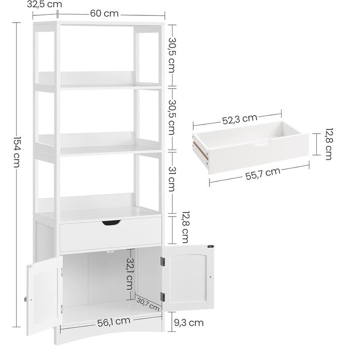 Тумба для ванної кімнати, 5 ярусів, дерево, 32.5x60x154 см, білий