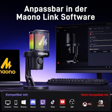 MAONO DM40 Бездротовий мікрофон для ПК з RGB-підсвіткою та ШІ-зміною голосу, шумозаглушення, для геймінгу, подкастингу та стрімінгу (Чорний)