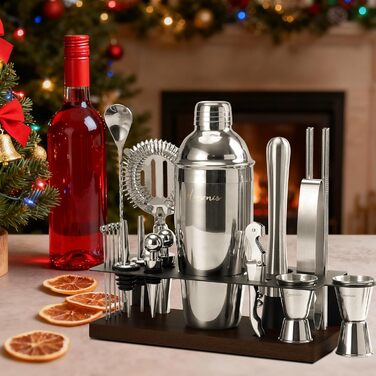 Набір бармена на 23 деталі з підставкою | Комплект шейкерів для коктейлів з інструментами: шейкер Мартіні, сито, ложка, мадлер, для дому, бару, вечірки (шоколадний)