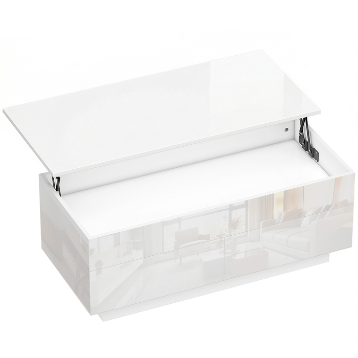 Журнальний столик з регульованою висотою, сучасний столик для вітальні з прихованою системою зберігання та 2 висувними ящиками, глянцевий білий