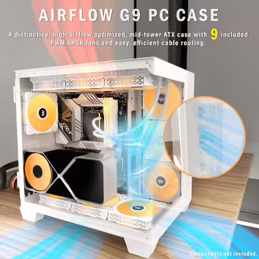 Ігровий корпус KEDIERS ATX Mid Tower, 9 ARGB вентиляторів, подвійне загартоване скло, H9 (білий)
