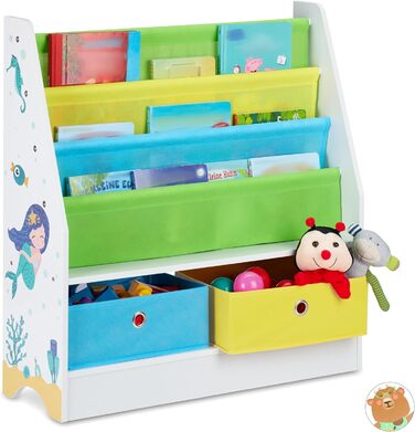 Дитяча полиця Relaxdays Морський мотив, 2 коробки, 3 відділення, відділення для іграшок, дитяча книжкова шафа HBT 74 x 71 x 23 см, барвиста