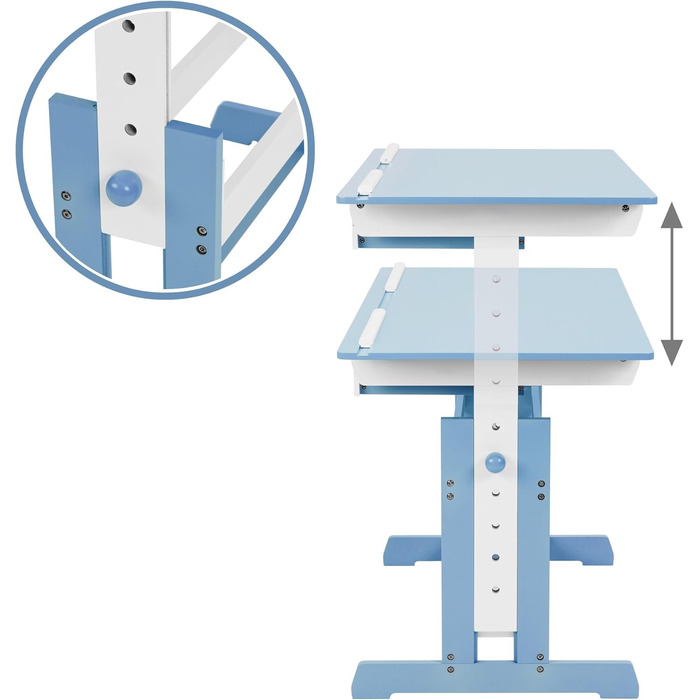 Дитячий письмовий стіл з регулюванням висоти та місцем для зберігання, відкидною стільницею - синій/білий