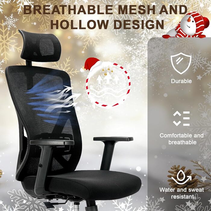 Ергономічне офісне крісло з підголівником та поперековою підтримкою, поворотне, з регульованими підлокітниками, чорне, для дому та офісу