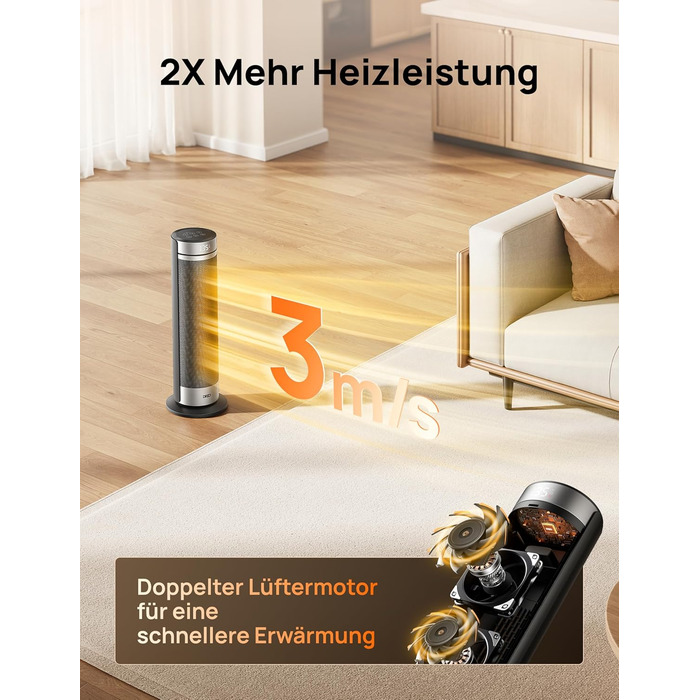 Електричний обігрівач Dreo 23 дюйми, 2000 Вт, тихий, з пультом, таймером, осциляцією, 5 режимів, PTC-кераміка, термостат, для великих приміщень, офісу, срібний