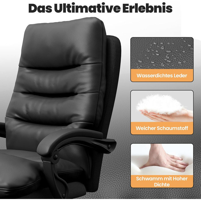 Ергономічне крісло для офісу Naspaluro з підніжкою, крісло для комп'ютера з двошаровою подушкою, високою спинкою, функцією відкидання, регулюванням висоти, з PU-шкіри, чорне, до 150 кг