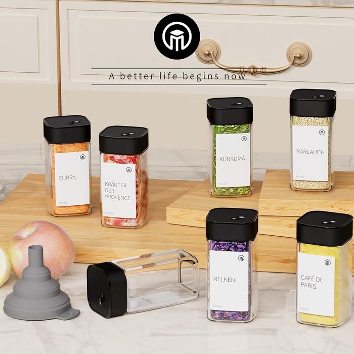 Набір контейнерів для спецій Miorkly - 24 шт. з чорними кришками з нержавіючої сталі, 120 мл, з ситечком, високоякісні, скляний органайзер з воронкою, етикетками та ручкою