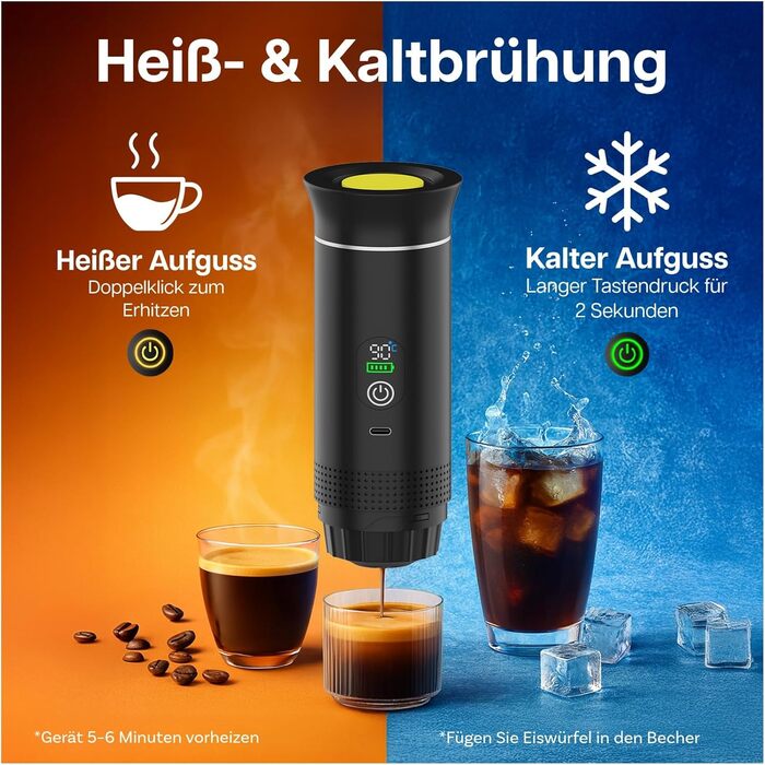Портативна кавомашина MMOBIEL: електрична еспресо-машина з підігрівом, USB-C, для кави в зернах та капсул – ідеальна для подорожей, кемпінгу, дому, офісу, авто (чорний)