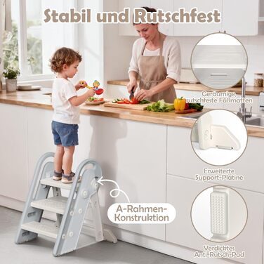 Дитячий підсвічник Onasti Tritthocker: регульована висота, 3 ступені, з ручками, складний, анти-кіп та анти-ковзний, для кухні, ванної кімнати, умивальника та туалету (сірий)