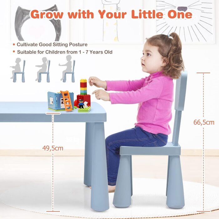Дитячий стіл LIFEZEAL з 2 стільцями: яскрава пластикова меблева група для дітей з підлокотниками та округлими краями (Блакитний)