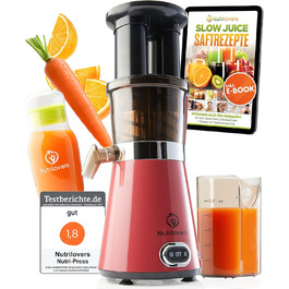 NUTRI-PRESS повільний соковитискач для фруктів та овочів, електричний, 2 отвори для завантаження, тихий, з пляшкою для соку To Go та додатком з рецептами, рожевий