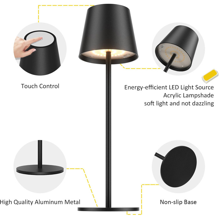 LED настільна лампа K-Bright з регулюванням яскравості, акумуляторна, бездротова, 36.5 см, тепле світло 2700K, USB-C, IP54, пісочний колір (чорний)