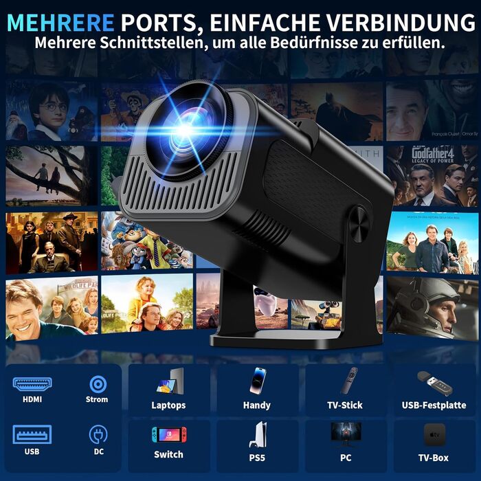 Портативний проєктор Mini Beamer 4K Full HD 1080P з WiFi 6, Bluetooth 5.2, автоматичною корекцією трапецеїдальних спотворень та підтримкою HDMI, TV Stick, Memory Stick, Laptop (білий, чорний)