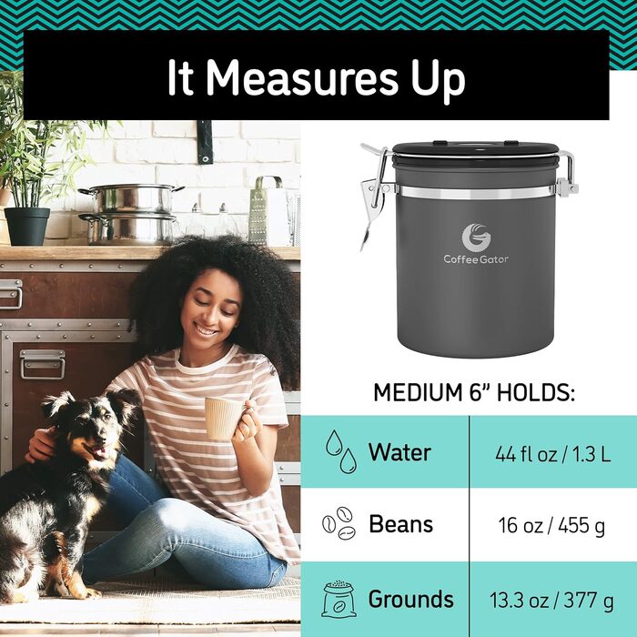 Контейнер для кави Coffee Gator з нержавіючої сталі (2 шт.) – для кавових зерен та меленої кави, з датою, CO2-вентилем та мірною ложкою (Сірий, Середній)