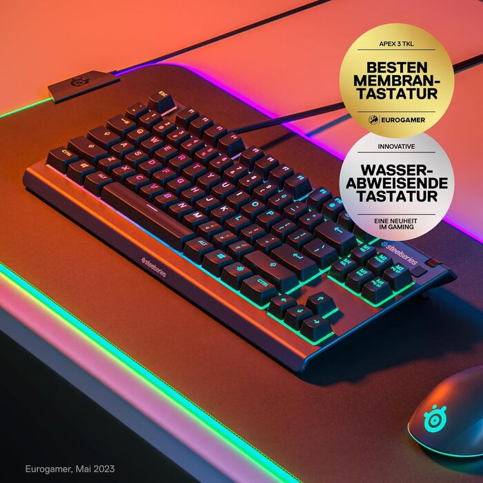 Клавіатура SteelSeries Apex 3 TKL для ігор – RGB, компактний TKL, 8 зон RGB-підсвічування, стійка до води та пилу, тихі ігрові клавіші, DE Layout QWERTZ, чорний колір