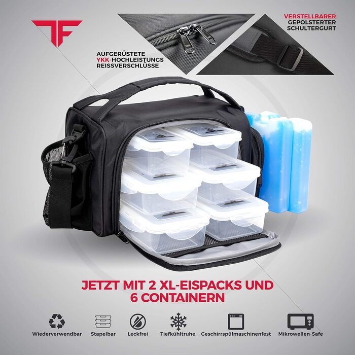 Ізольована ланчбокс з 6 контейнерами для приготування їжі – BPA-Free, багаторазові, підходять для мікрохвильової печі та морозильної камери – ланч-сумка з шейкером, органайзером для пігулок, плечовим ременем та охолоджувальними акумуляторами – термосумка 