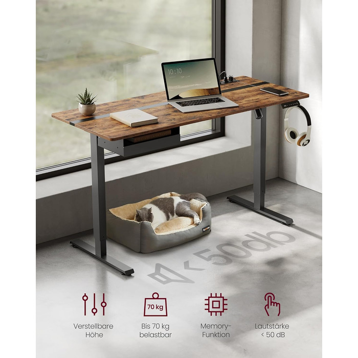 Електричний регульований стіл VASAGLE, 60 x 140 см, з пам'яттю висоти, розетками та ящиком, кольори: білий + горіх, LSD112W01