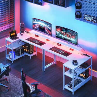 Геймерський стіл Coleshome L-подібний з LED-підсвіткою та розетками, 120x80 см, кутовий письмовий стіл із полицею, реверсивний, підставка для монітора, для офісу чи кабінету, білий
