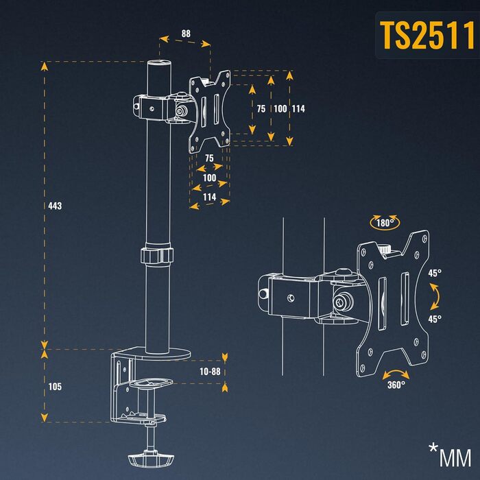 Кріплення для монітора RICOO TS7011: підставка для екрану 12-27 дюймів, VESA 75/100, кріплення до столу