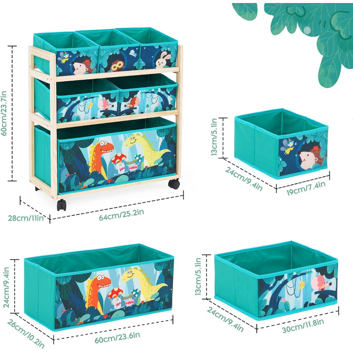 Органайзер для іграшок HOMCENT з колесами та 6 контейнерами, велика місткість, тематика динозаврів для дитячої кімнати