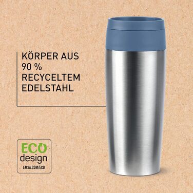 Термокружка Emsa N20210 Travel Mug Classic Isolierbecher, 0.36 л, нержавіюча сталь, 4 год гаряче, 8 год холодне, герметична, для миття в посудомийній машині, 360° клапан, синій