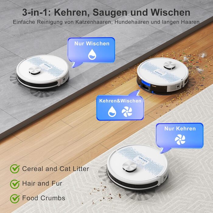 Робот-пилосос Lubluelu 3-в-1 з функцією миття, 4500Pa, лазерна навігація, 5 карт, 55dB, для твердих підлог, килимів та шерсті тварин (SL60D)