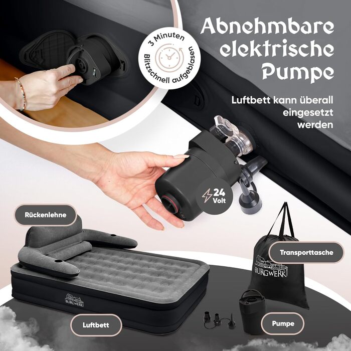 Надувне ліжко для 2 осіб [3-в-1 система] | Елегантне гостьове та кемпінгове ліжко | Надувна матрац з електропомпою 150x200 | Самостійно надувна повітряна матрац 2 особи Чорний/Антрацит