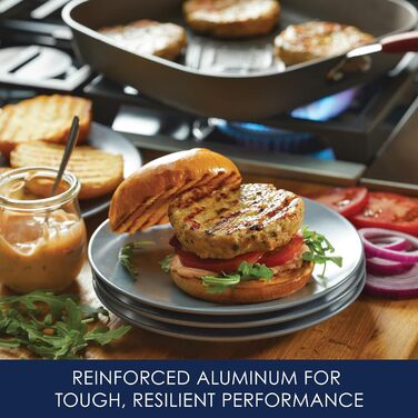 Сковорода-гриль Rachael Ray Cucina, квадратна, 28 см, з антипригарним покриттям, сіра з червоними ручками