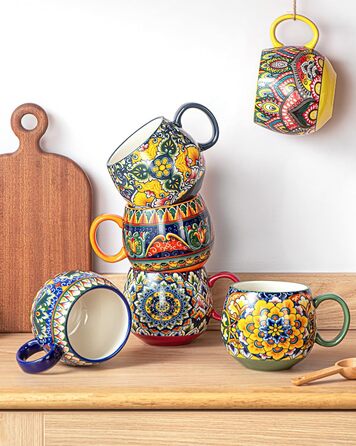 Набір кавових чашок Henten Home з порцеляни, 6 шт., 250 мл, ручної роботи, набір для 6 осіб, включає чашки та блюдця (600 мл)