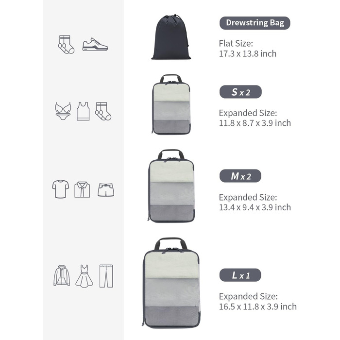 Набір органайзерів для валізи ECOHUB (6 шт), компресійні дорожні сумки-кубики з переробленої сітчастої тканини для рюкзака та ручної поклажі, сірий колір