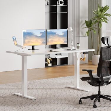 Регульований за висотою стіл JUMMICO з підсвічуванням, 140 x 60 см, білий. Електричний стіл з пам'яттю, для роботи стоячи та сидячи, комп'ютерний стіл.