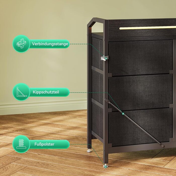 Комод ODK з висувними ящиками та LED-підсвіткою, 10 кольорів, 2 USB та 2 AC розетки, 8 тканинних ящиків, для вітальні та спальні, 110x30x88 см (Чорний)