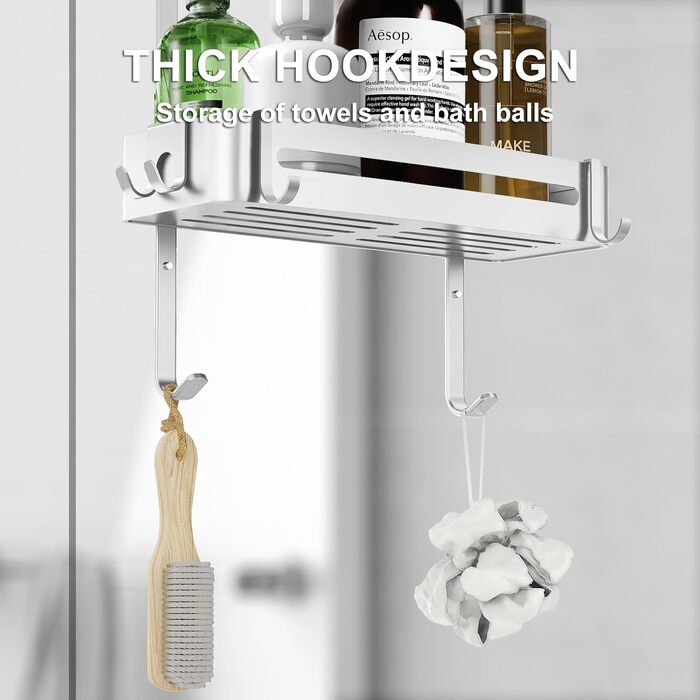 Настінна поличка для душу без свердління, чорна, для скляних душових кабін, регульована висота, 3 гачки для шампуню та гелю для душу