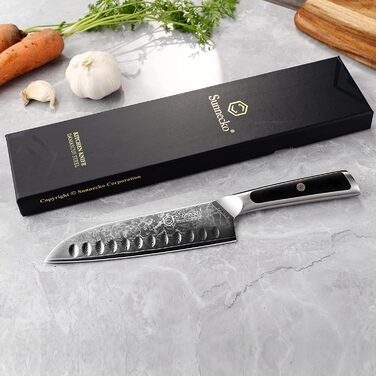 Ніж Sunnecko Дамаск - кухонний ніж. Гострий ніж з дамаської сталі. Азіатський універсальний кухонний ніж для дому та кухні з ергономічною ручкою (7 дюймів Сантоку)