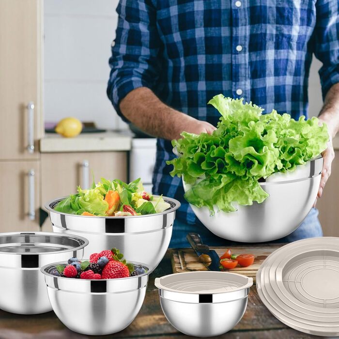 Набір мисок HaWare 7 шт. з нержавіючої сталі з кришками, 6.5/4.5/3/2.5/1.5/1.2/0.7L, для приготування, випікання, салатів, миття в посудомийній машині, Khaki/Нержавіюча сталь