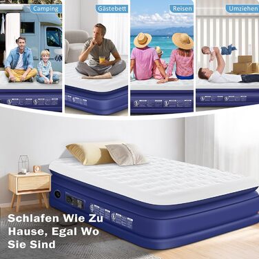 Надувна ліжко 152x203 см для 2 осіб з електричним насосом | Гостьове ліжко та для кемпінгу | Надувне ліжко блакитно-біле